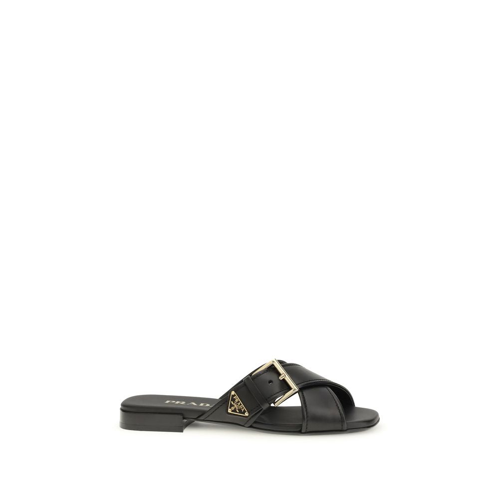 Prada Black Calf Leather Bos Taurus Flat Sandals Prada