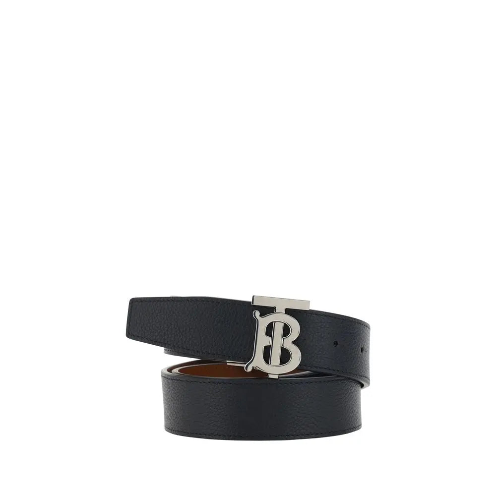 Burberry Black Grained Leather Belt with Silver Buckle Burberry